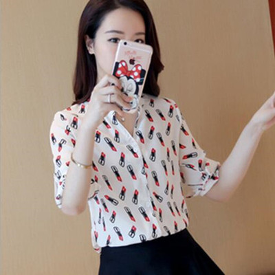夏季宽松雪纺衬衫女中袖立领印花衬衣 中长款