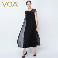 VOA黑白网纱透视肩袖圆领简约双层真丝层叠宽松翩翩连衣裙图片
