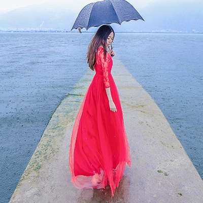 2016新品复古文艺大红色绣花蕾丝连衣裙新娘