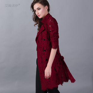 艾薇诺伊春秋蕾丝风衣女，时尚气质韩版修身镂空双排扣长袖外套