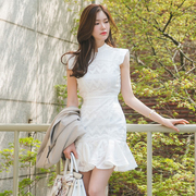 2018夏季韩版时尚性感女装修身显瘦短袖拼接荷叶边包臀连衣裙