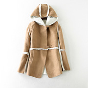 反季韩版麂皮绒，羊羔绒连帽中长款纯色，风衣大衣外套