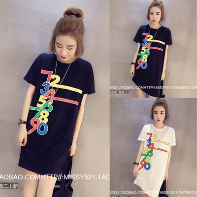 2016春夏新款韩版宽松大码女装中长款T圆领短袖印花T恤衫女上衣潮