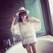 夏装韩版女装百搭镂空钩花性感蝙蝠蕾丝，衫流苏边蕾丝罩衫