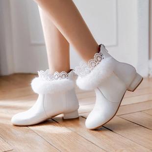 秋冬靴子女短靴甜美低跟可爱蕾丝花边兔毛，洛丽塔lolita学生女靴子