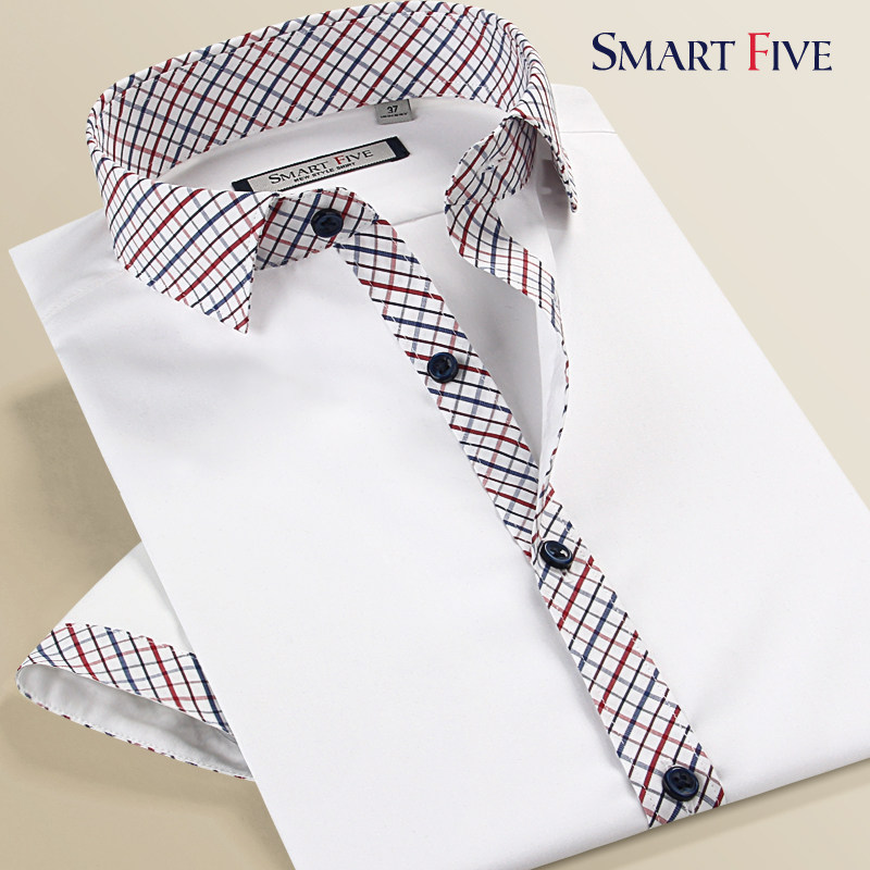 SmartFive 小领商务休闲男装修身白衬衫男短袖撞色纯棉免烫男衬衣