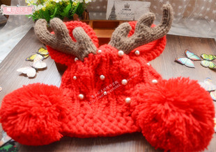 红色小麋鹿角韩版时尚可爱恶魔针织女士毛线秋冬帽子