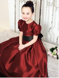 酒红色欧美秋冬短袖款儿童礼服公主裙女童礼服裙公主裙钢琴演出服