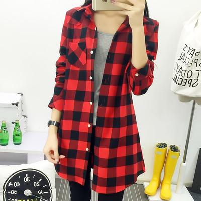 2018春装纯棉麻格子衬衫女长袖韩版宽松新款社会中长款BF衬衣外套