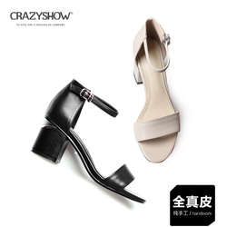 azyshow2017新款真皮中跟露趾凉鞋女夏百搭粗