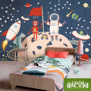 美式儿童房间壁纸男孩卧室，卡通创意蓝色无纺布，墙纸月球太空之旅