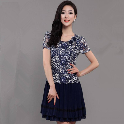 上下架计划:2014夏装新款潮流女装大码修身蕾丝雪纺碎花短袖连衣裙中年妈妈装