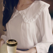 韩版文艺范娃娃(范娃娃)领白色雪纺衫女上衣灯笼，袖荷叶边学生长袖打底衬衫