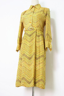 vintage古着孤品日本复古黄色条纹波点洋装雪纺连衣裙