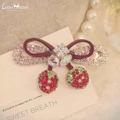 韩国东大门新款红色草莓水钻发夹 满钻发卡蝴蝶结边夹刘海夹头饰