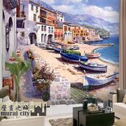 油画风格地中海阳光沙滩墙纸欧式壁纸大型壁画酒店电视沙发背景墙