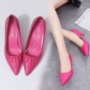 玫红色高跟鞋女小跟5厘米单鞋韩版2021公主女士宴会细跟尖头