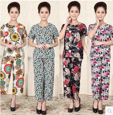 中老年女装夏装绵绸套装纯棉睡衣女短袖全棉家