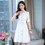 黑白裙女短袖，夏季中长款韩版连衣裙，修身气质条纹雪纺裙潮