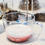 猫咪搞怪潮流玻璃水杯家用女早餐麦片，牛奶咖啡泡茶带把手猫爪杯子