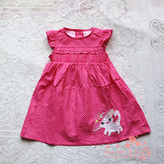 欧美1至2岁女童纯棉夏季裙子，卡通小猫贴布绣玫红小飞袖连衣裙