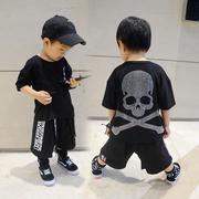 欧洲站高端定制嘻哈男童短袖T恤中裤套装亮钻骷髅儿童街舞两件套