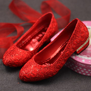 红蓝绿色上轿鞋孕妇结婚鞋子，低跟大码蕾丝婚鞋新娘，结婚敬酒伴娘鞋