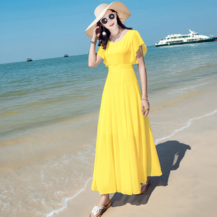 黄色沙滩裙女夏2022雪纺连衣裙波西米亚海边度假沙滩长裙超仙
