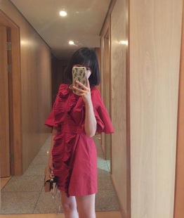野FUN搜罗家2017韩版夏季女装荷叶边系带收腰短袖红色连衣裙H3465