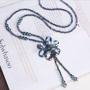 韩版时尚优雅水晶项链毛衣挂链，女长款欧美夸张大牌花朵流苏装饰链