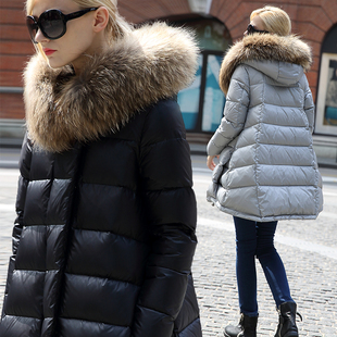 冬韩版貉子大毛领羽绒服女士，中长款加厚大码，冬装孕妇装外套