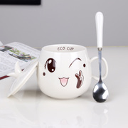 白色杯子创意女学生韩版卡通陶瓷杯带盖勺水杯简约马克杯清新定制
