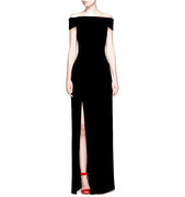 2024款韩版大码女装莫代尔修身连衣裙，一字领露肩性感开叉礼服长裙
