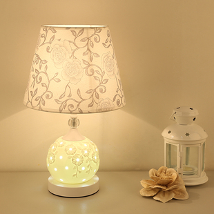 欧式客厅书房卧室床头灯喂奶小夜灯，创意时尚布艺可调光陶瓷台灯