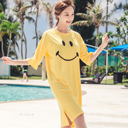度假防晒衣宽松黄色纯棉圆领T恤沙滩裙比基尼泳衣罩衣罩衫女