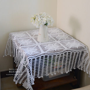 法式欧式田园手钩花纯棉白色，米色蕾丝镂空桌布料台布方形盖布装饰