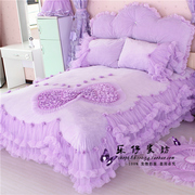 定制冬季保暖珊瑚绒四件套，加厚法兰绒双面绒18m床上用品紫色蕾丝