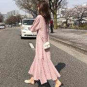 2022夏季韩版女装，显瘦粉色鱼尾裙子，雪纺气质连衣裙小清新长裙