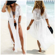 度假沙滩裙白色防晒衣性感镂空蕾丝，泳衣女比基尼罩衫罩衣沙滩长裙
