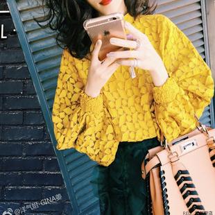 洋气新店  秋冬的色彩千寻黄好有女人味的蝙蝠袖蕾丝衫上衣