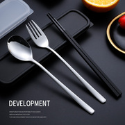 不锈钢勺子创意便携餐具勺叉套装，防滑筷子韩式可爱学生旅游餐具盒