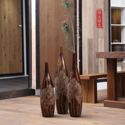 现代简约时尚木质落地雕刻大花瓶客厅电视墙插花家居装饰品摆件高