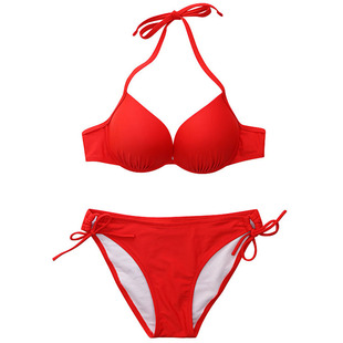 欧美性感三点式红色比基尼，泳衣女三角小胸聚拢ins风白色艺考泳装