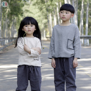2016日系女童男童棉麻长袖上衣 儿童兄妹中性春款森系亚麻T恤