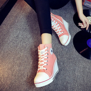 韩国ulzzang坡跟帆布鞋8厘米高跟韩版拉链系带高帮，内增高休闲女鞋