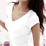 纯白色t恤女短袖夏季纯棉显瘦打底衫韩版体恤修身紧身纯色V领