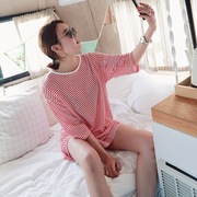 韩国女装惬意一夏2023春季红色圆领，条纹宽松休闲棉麻t恤