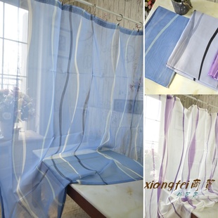外贸 蓝色紫色时尚条纹印花 布艺成品窗帘窗纱 飘窗隔断帘门帘