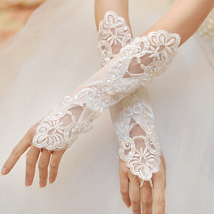 韩式简约珍珠长款婚礼结婚手套新娘白色红色蕾丝婚纱配饰薄款通用