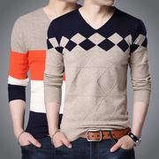 男士秋季v领纯棉长袖，t恤打底衫青年韩版修身毛衣，男装潮流针织线衣